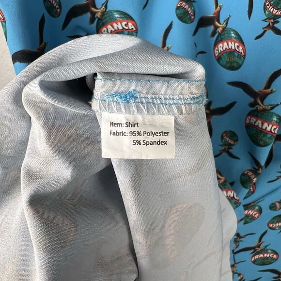 RARE Fernet Branca Sz L Button Shirt Blue Stretch Short Sleeve Graphic Logo AOP - Picture 6 of 7
